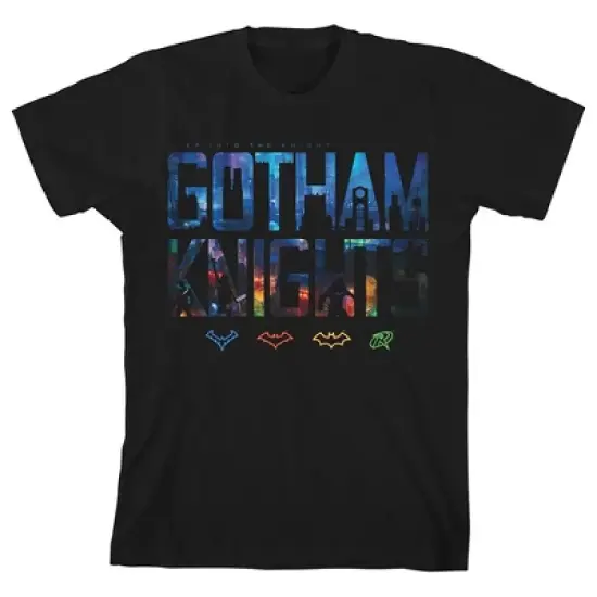 Bioworld Gotham Knights City Image Within Text With Hero Icons Black Crew Neck Tee Toddler Boy to Youth Boy image {3}