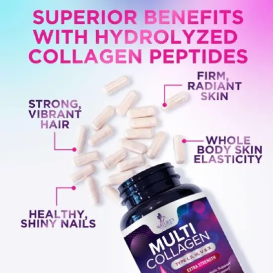 Multi Collagen Supplement, Type I, II, III, V, X Collagen Pills, Collagen Supplements, Hair, Skin, Nail & Joint - 60 Capsules By Nature's Nutrition image {4}