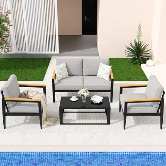 Outdoor Patio Sofa Set 4 Piece Aluminum Furniture with Glass Coffee Table and Washable Cushions for Garden, Porch, Terrace image {8}