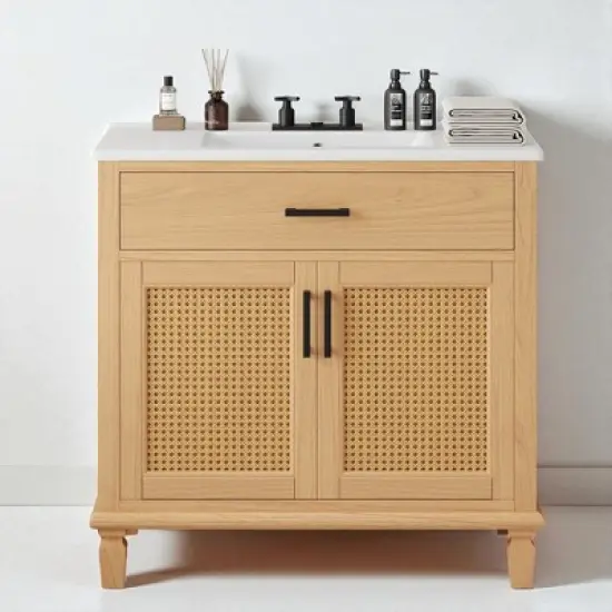 36" Rattan Bathroom Vanity with Ceramic Sink, Soft-Close Drawers & Solid Fir Legs,4" Faucet Compatible, Freestanding Vanity image {15}