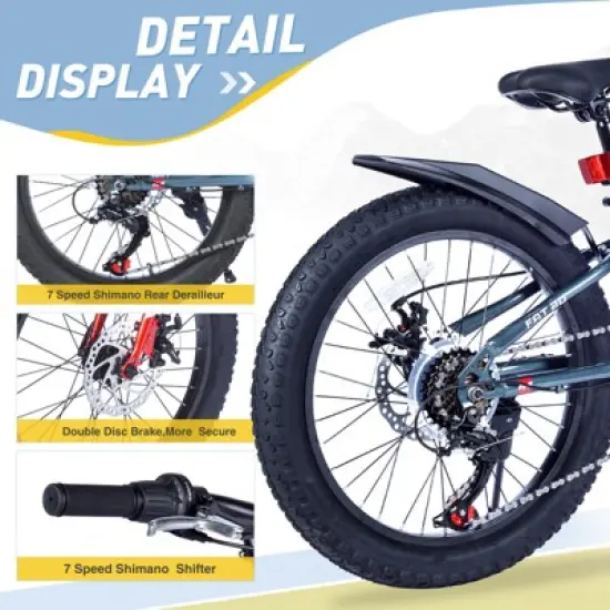 Aukfa Kids Mountain Bike Fat Tire 20 Inch 7 Speed Transmission with Fenders, Suitable for Girls and Boys Over 5 Years Old image {5}