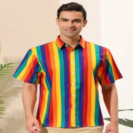 Lars Amadeus Men's Summer Rainbow Stripe Print Short Sleeve Button Down Shirts image {1}