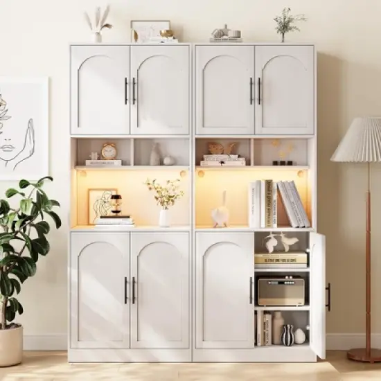 Garvee Kitchen Pantry Cabinet with RGB Light, Tall Kitchen Hutch Bar Cabinet with Microwave Stand, Wood Storage Cabinet for Dining Room, White image {1}