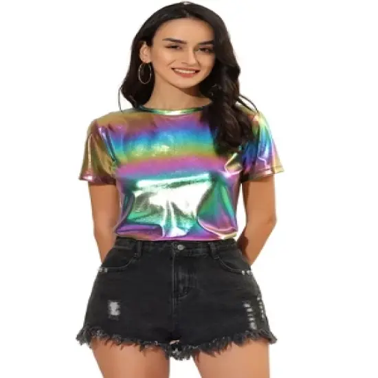 Allegra K Women's Party Metallic Textured Short Sleeve Shiny T-shirts image {8}