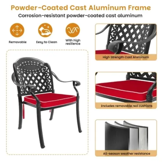 7-Piece Cast Aluminum Outdoor Dining Set with Red Cushions, Rectangle Table & Stackable Chairs - for Patio, Backyard image {8}