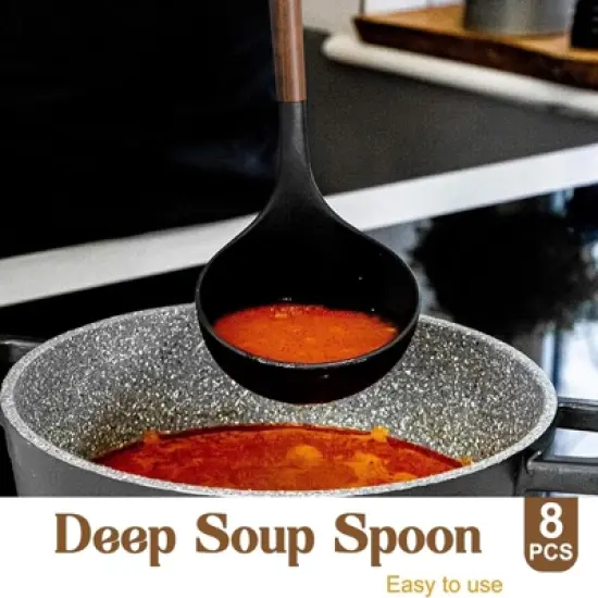 BRINJOY 8-Piece Silicone Spatula Set - Natural Acacia Wood Handle Kitchen Utensils image {3}