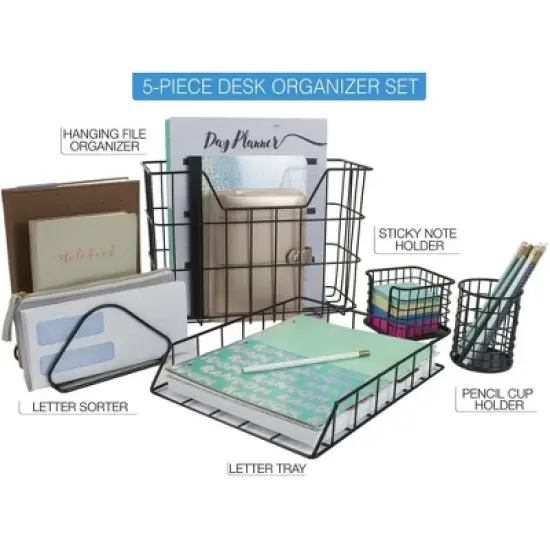 Sorbus Wire Metal 5 in 1 Desk Organizer Set - for Papers, Files, Writing Tools, and More image {7}