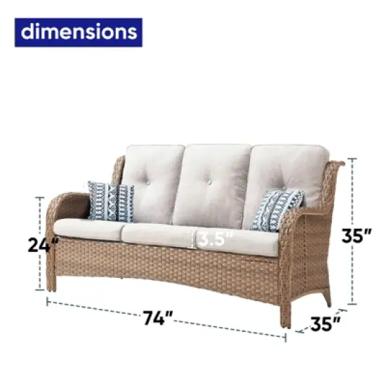 POCASSY 74" Wide Outdoor Sofa Patio Couch, All Weather Yellow Wicker 3-Seater Outdoor Furniture Sofa with Comfort Thick Cushion for Porch Deck Balcony image {8}