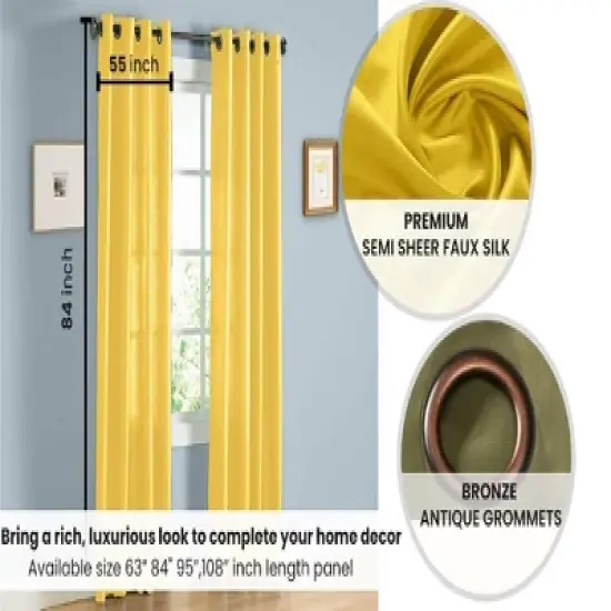 J&V TEXTILES 2 Panels Solid Grommet Faux Silk Window Curtain Drapes Treatment 58" Wide and 84" Length (Black) image {2}