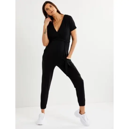 LUXEssentials Short Sleeve French Terry Super Soft Maternity Jumpsuit | A Pea in the Pod image {1}