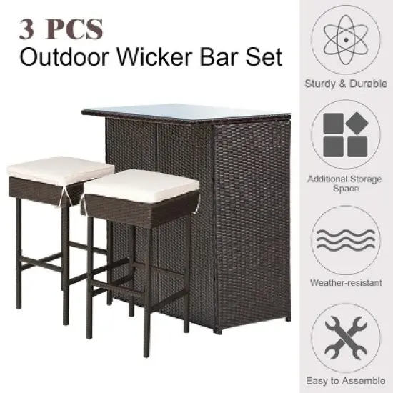 Costway 3PCS Patio Rattan Wicker Bar Table Stools Dining Set Cushioned Chairs Garden image {4}