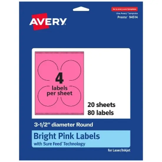 Avery Bright Pink Paper Labels, 3.5" Diameter Round image {11}