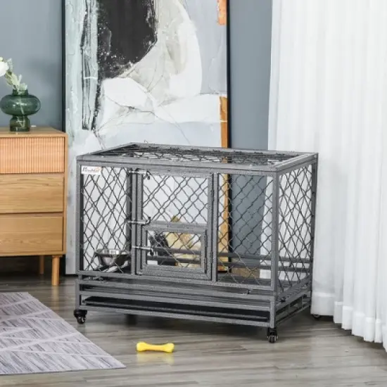 PawHut Heavy Duty Dog Cage Metal Kennel and Crate Dog Playpen with Lockable Wheels, Slide-out Tray, Food Bowl and Double Doors image {1}
