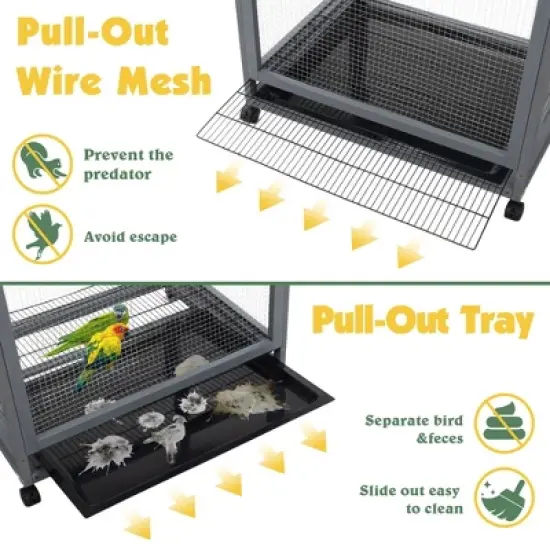 Sandinrayli 68"H Large Wood Bird Cage on Wheels, Outdoor Bird Aviary Indoor Wooden Large Bird Cage Parakeet Cage with Feeder, Gray image {5}