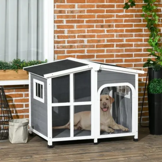 PawHut Cabin-Style Wooden Dog House for Large Dogs Outside with Openable Roof & Giant Window, Big Dog House Outdoor & Indoor, Dog Furniture, Gray image {1}