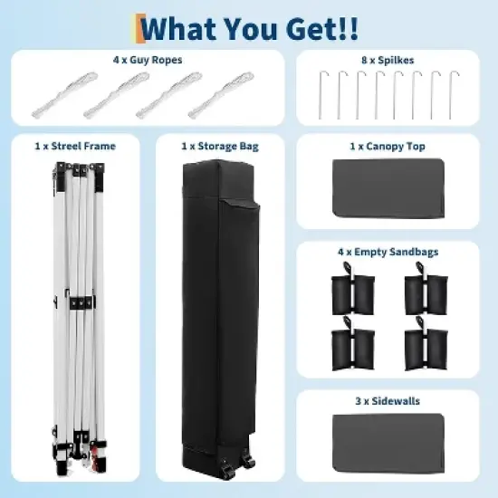 10x10 Pop Up Canopy with 3-Sidewall, Outdoor Tent with Portable Roller Bag - 3 Adjustable Height, 4 Weight Bags for Garden, Sports, Beach image {7}