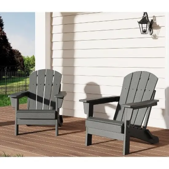 Folding Adirondack Chair Set of 2, HDPE All Weather Outdoor Fire Pit Chairs with Wooden Texture, 380Lb Capacity for Lawn Deck Backyard Patio Garden image {7}