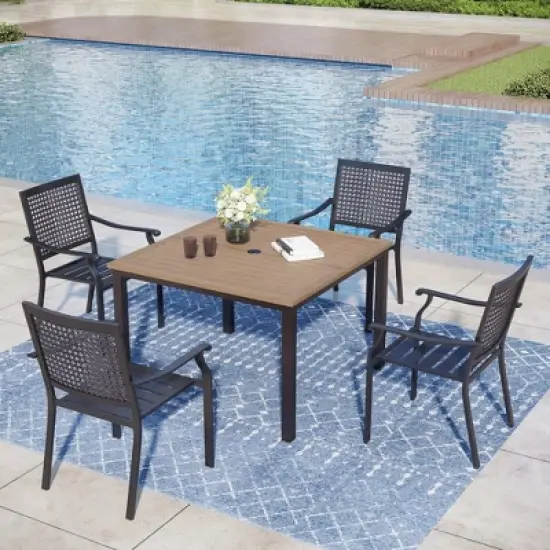 Captiva Designs 5pc Patio Dining Steel Set with Wood-like Square Table & Stackable Chairs with Bull's Eye Pattern image {11}