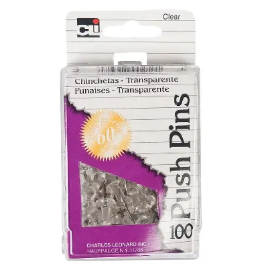 CLI Charles Leonard Push Pins Clear 100 Per Box 10 Boxes (CHL200CL-10) image {1}