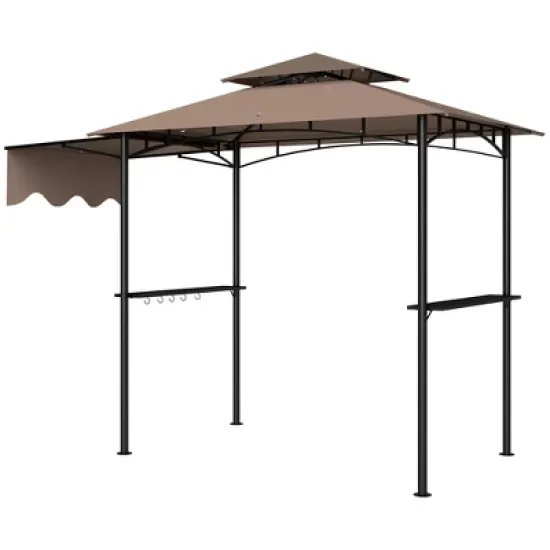 Outsunny 8' x 5' Grill Gazebo, Double Tiered Outdoor BBQ Gazebo with Side Awning, 2 Side Shelves and 6 Hooks for Patio, Deck, Yard, Brown image {3}