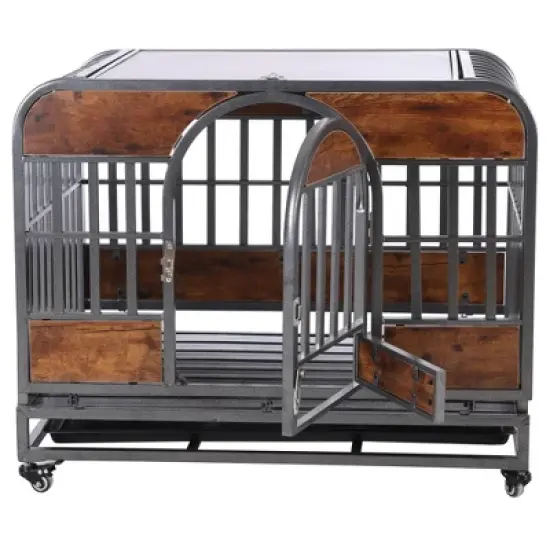 GustoWave 46'' Heavy Duty Metal Dog Crate , Dog Crates for Large Dogs with Wheels, Metal Cage, Wood Kennel Dog Crate with Removable Tray image {7}