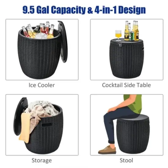 Costway 9.5 Gallon 4-in-1 Patio Rattan Cool Bar Cocktail Table Side Table Brown\Black image {6}