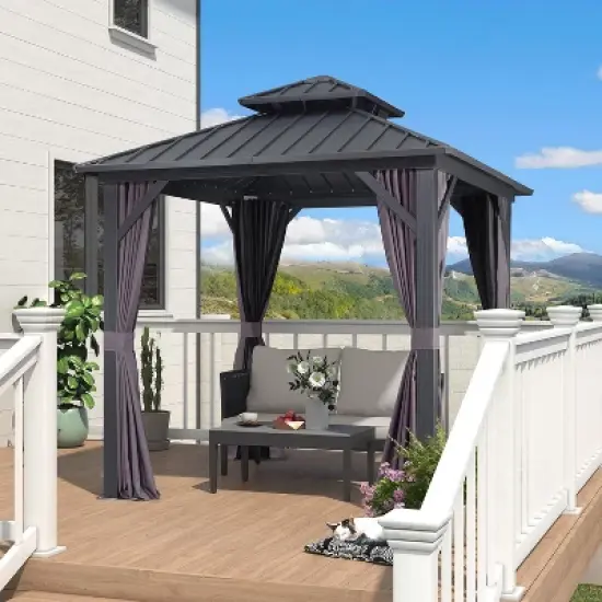 PURPLE LEAF Permanent Hardtop Gazebo Aluminum Frame Gazebo with Galvanized Steel Double Roof, UV-Resistant, Netting & Curtains included - Grey image {22}