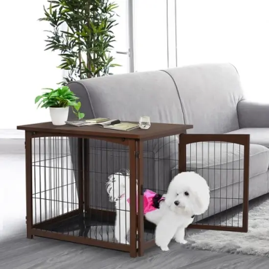 PawHut Wooden Decorative Dog Cage Pet Crate with Fence Side Table Small Animal House and Tabletop, Brown image {1}