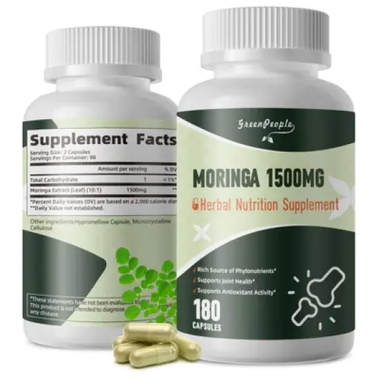 GreenPeople Pure Moringa 1500mg Capsules Supplement Supports Energy, Skin Health, Gut Health - 180pcs image {1}