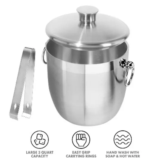 Oggi Stainless Steel Ice Bucket with Tongs: Double-Wall, 3 Qt Capacity, Hand Wash, 9.5" Height, 7.75" Width & Depth image {3}
