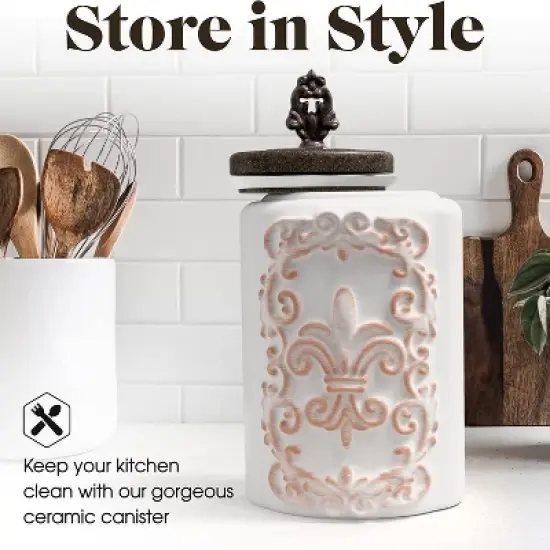 American Atelier 2-Piece Ceramic Canister Jar W/ Fleur De Lis Embossed Design & Airtight Stainless-steel Lid For Sugar, Flour, Coffee, & More, White image {2}