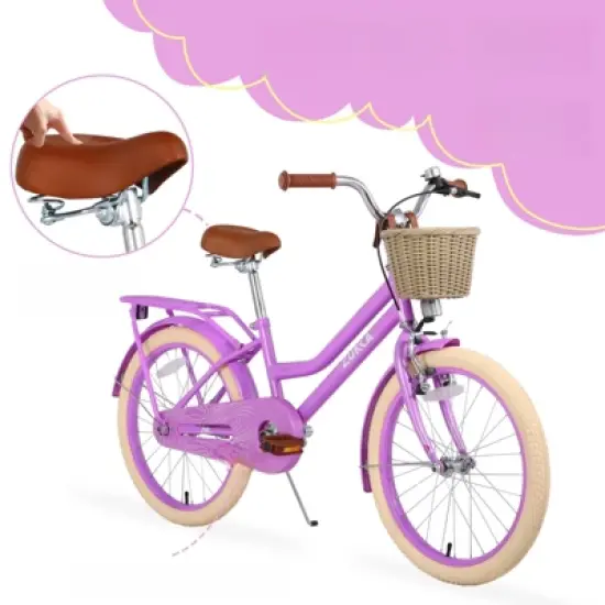 DSVIMOY 20 inch Girls Bike with Basket for 7-10 Years Old Kids, No Training Wheels Included, Purple, 55.51"*21.26"*32.48" image {4}