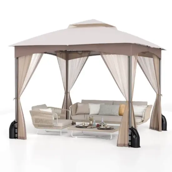 Costway 10 X 10/12 FT Patio Gazebo with Netting Walls 4 Sandbags Zippered Doors Outdoor Gray/Beige image {9}