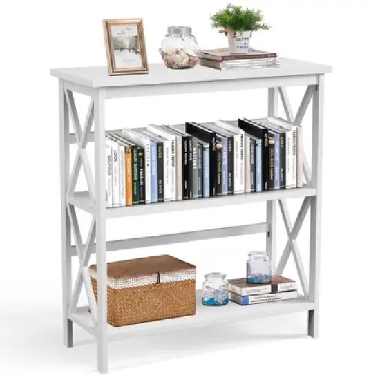Costway Wooden Shelf Bookcase 3-Tier Open Bookshelf W/X-Design Freestanding Rack BlackBrownNaturalWhite image {10}