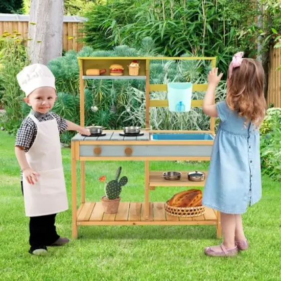 Costway Wooden Play Kitchen Set, Outdoor Kid's Mud Kitchen with Faucet & Water Box image {3}