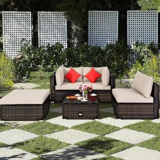 Tangkula 5PCS Rattan Sectional Sofa Set Patio Furniture Set w/ Beige Cushion Pillow image {3}