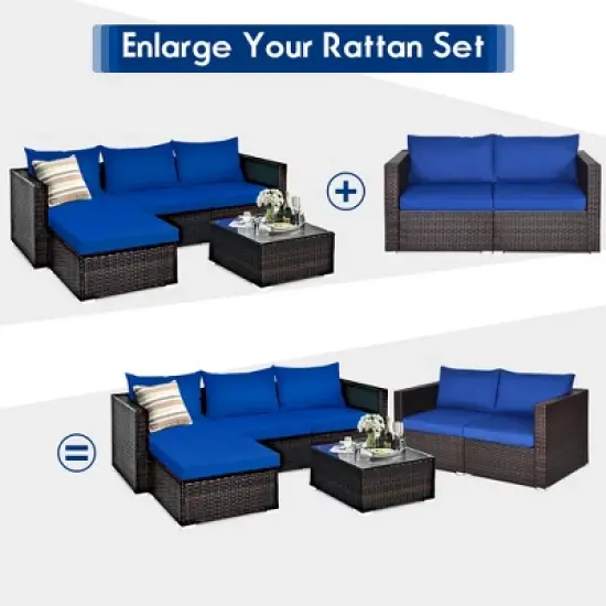 Costway 4PCS Patio Rattan Corner Sofa Sectional Furniture Set Navy Cushion image {8}