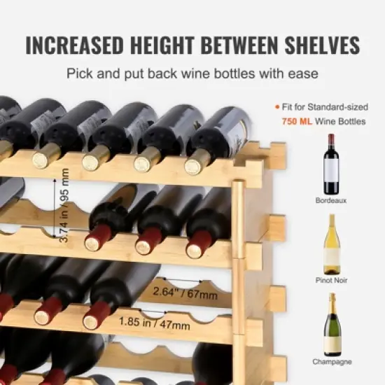 VEVOR 48 Bottle Stackable Modular Wine Rack, 6-Tier Solid Bamboo Wood Storage Racks, Floor Freestanding Wines Holder Display Shelf, Natural Color image {3}