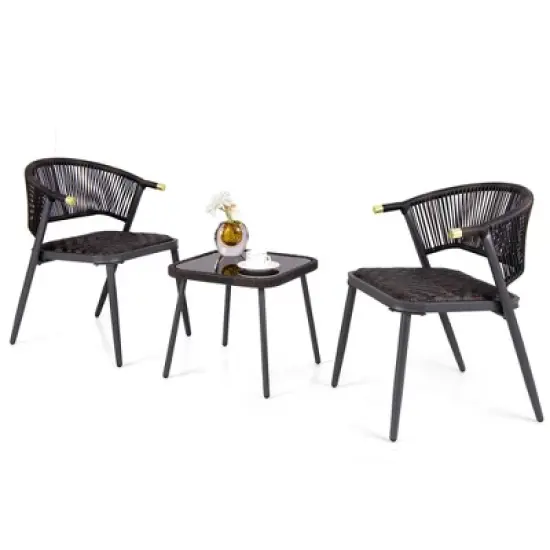 Tangkula Set of 3 Rattan Furniture Set Quick Dry Foam Padded Chairs w/Tempered Glass Tabletop Wicker Seat & Rope Woven Back Black image {1}