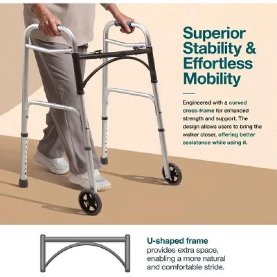 MedicalKingusa Walkers for Seniors - Folding Walker with Front Wheels, Adjustable Height, Lightweight Aluminum, Supports Up to 350 Pounds image {6}