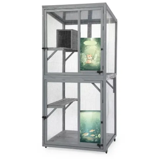 SEVOBAL Pet Crates and Houses Cat Window Catio Wood Enclosure Wheels Lockable Doors for Outdoor and Indoor, Gray, 31.5"*31.5"*70.28" image {1}