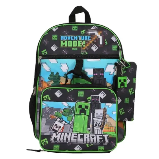Minecraft 5-Piece Set: 16&rdquo; Backpack, Lunchbox, Utility Case, Rubber Keychain, and Carabiner image {1}