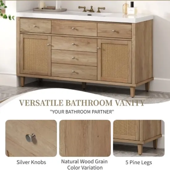 Christopher Knight Home Emilie 60" Modern Bathroom Vanity with SMC Sink, 5 Drawers and 2 Rattan Doors image {5}