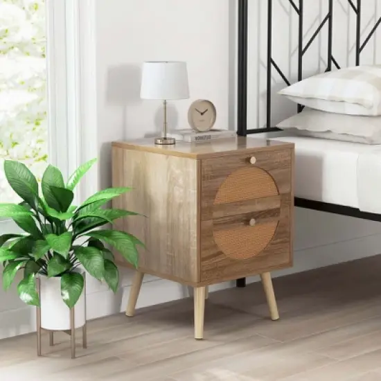 Costway 2Pcs Rattan Nightstand with 2 Drawers Solid Wood Legs Compact Wood Coffee Table image {3}