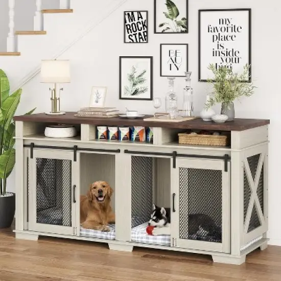 Dog Crate Furniture for 2 Dogs, 71" Double Kennel TV Stand with Divider and Barn Doors, Indoor Dog Cage image {8}