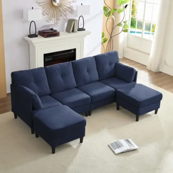 Mjkone Modular Convertible Sectional Sofa Couch, Upholstered Comfy Fabric 4-Seater Sofa with Movable Ottomans image {12}