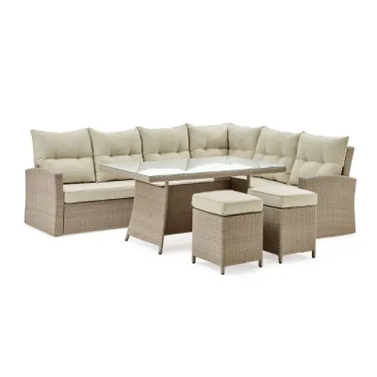 Canaan 4pc All Weather Wicker Outdoor Deep Seat Dining Sectional Set Cream - Alaterre Furniture image {2}