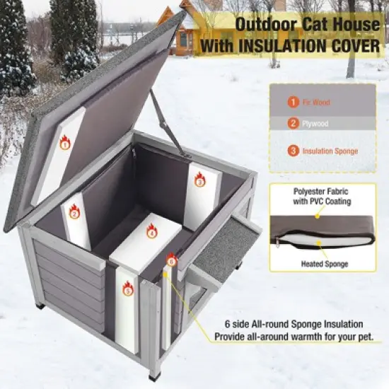 Aivituvin Insulated Wooden Cat House with Soft Liner | Waterproof Roof-AIR12-IN image {2}