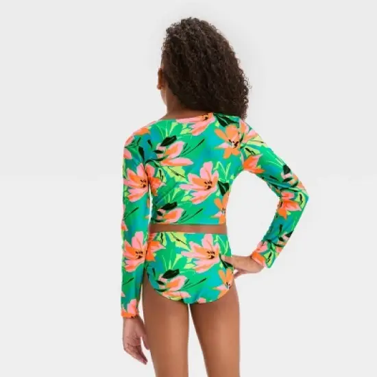 Girls' 'Abstract Blossoms' Floral Printed Rash Guard Set - art class&trade; Green image {3}