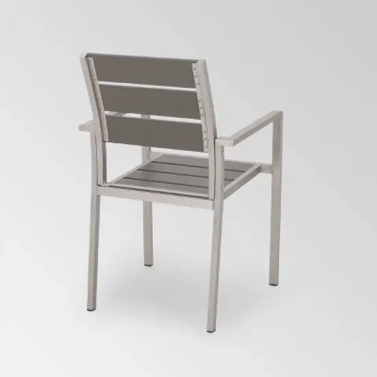 Cape Coral 2pk Aluminum Dining Chair with Faux Wood Seat - Silver/Gray - Christopher Knight Home: Weather-Resistant, Fixed Arms, 250lb Capacity image {4}